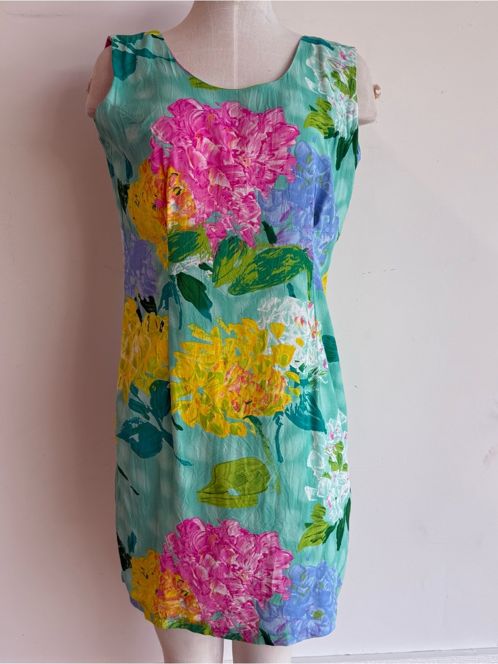 Jams World Aqua Floral Shift Dress SZ 9 Pink Yellow Blooms sleeveless v neck zip